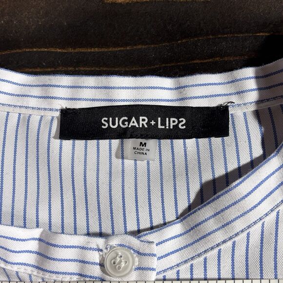 Sugar Lips Long Puff Sleeve Embroidered White with Stripe Button Down Shirt M - Picture 14 of 16